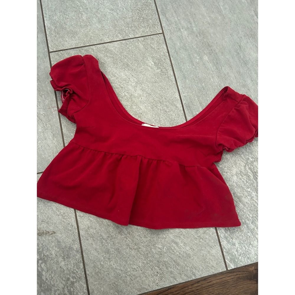 PacSun Your Favorite Red Babydoll Crop Top Puff Sleeve Ribbed Knit XS